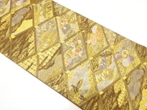 金糸　斜め格子に花鳥・古典柄織り出し　袋帯